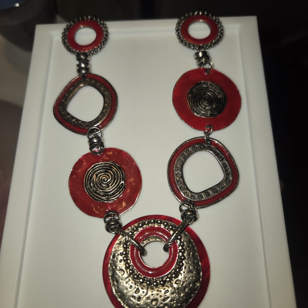 Bold Red Disc Pendant Necklace with Textured Metal Accents